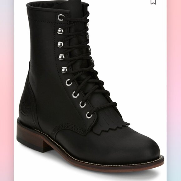 Justin SZ 8 Mckean 7" Black Leather Lace-Up Roper Boot Cottage Western Prairie - Picture 1 of 15